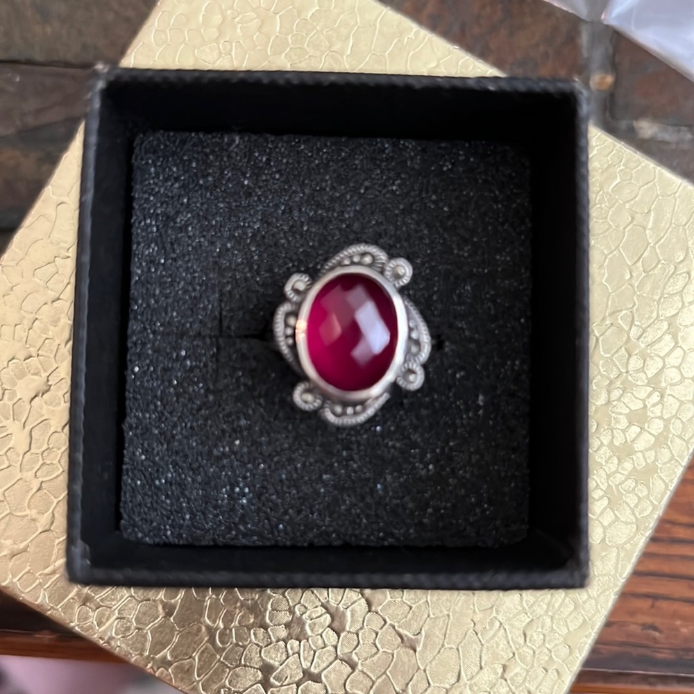 Faceted Lab-Created Ruby Set In .925 Etched Sterl… - image 1